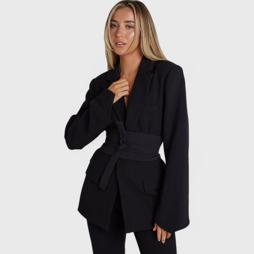 Blazer dress with waistband and lapel collar