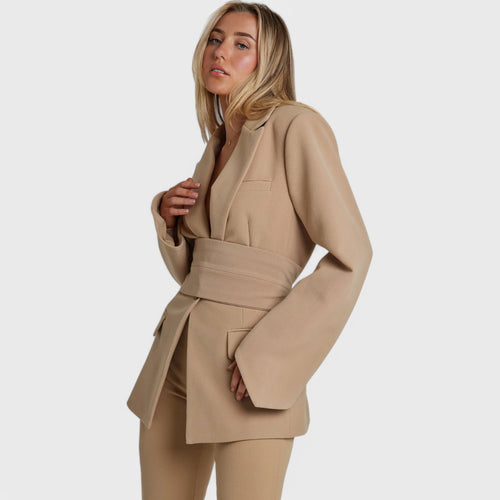 Blazer dress with waistband and lapel collar