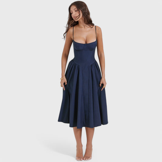 Midi Dress with Fitted Bodice and Flowing Skirt