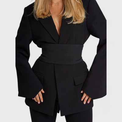 Blazer dress with waistband and lapel collar