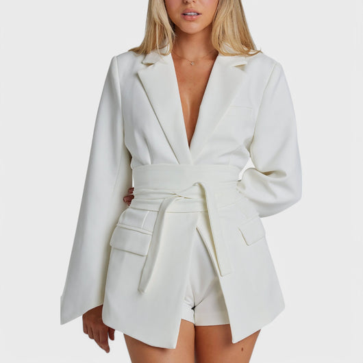 Blazer dress with waistband and lapel collar