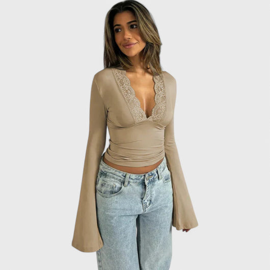 Long sleeve top with lace details and flared sleeves