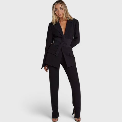 Blazer dress with waistband and lapel collar