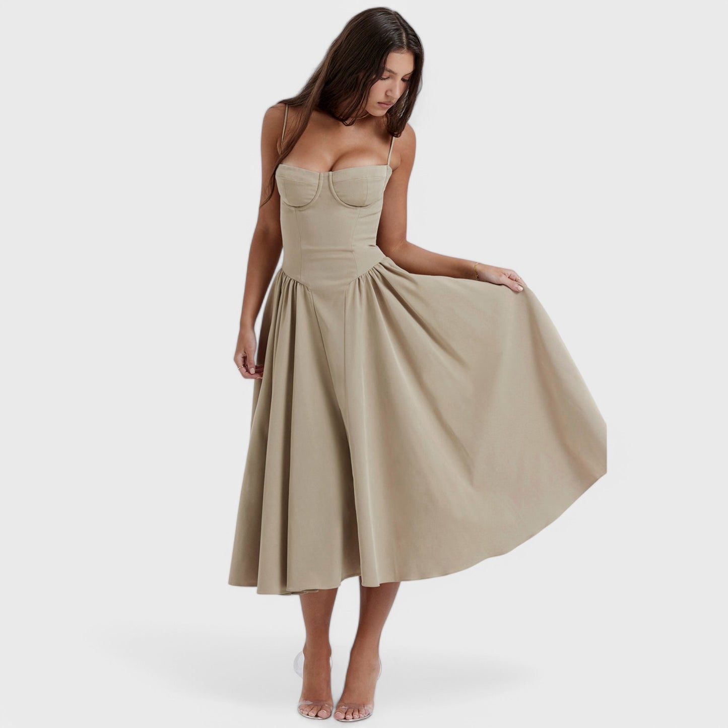 Midi Dress with Fitted Bodice and Flowing Skirt