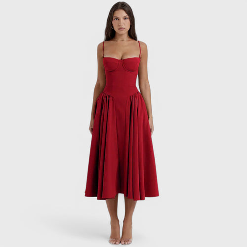Midi Dress with Fitted Bodice and Flowing Skirt