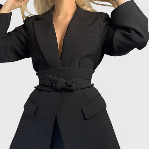 Blazer dress with lapel collar and waistband