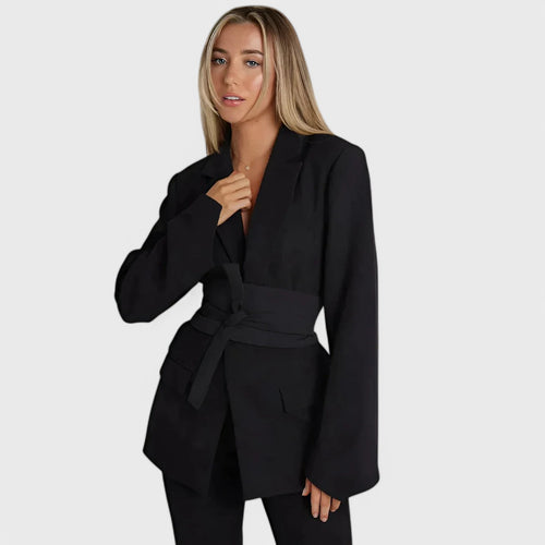 Blazer dress with lapel collar and waistband