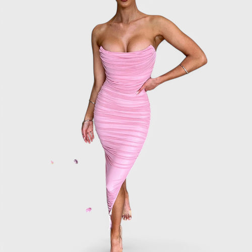 Long dress with narrow straps and side pleats