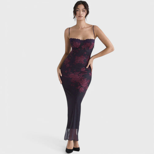 Long dress with narrow straps and a transparent fabric layer