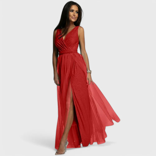 Long dress with V-neck and high slit