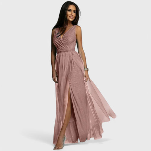 Long dress with V-neck and high slit