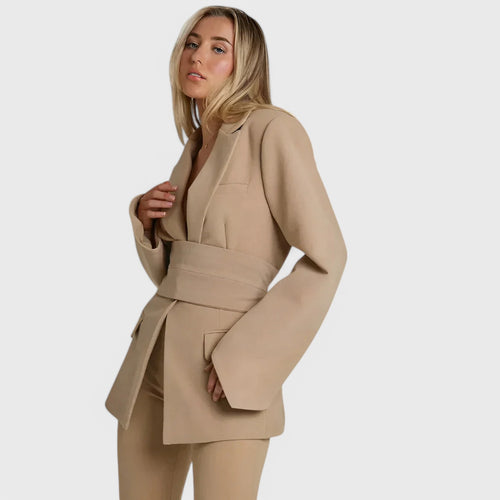 Blazer dress with lapel collar and waistband