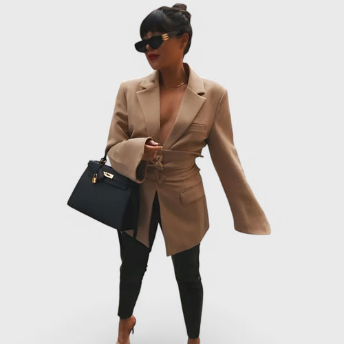 Blazer dress with lapel collar and waistband