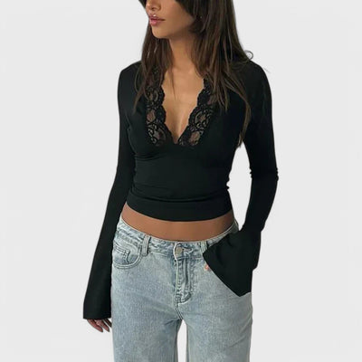 Long sleeve top with lace details and flared sleeves