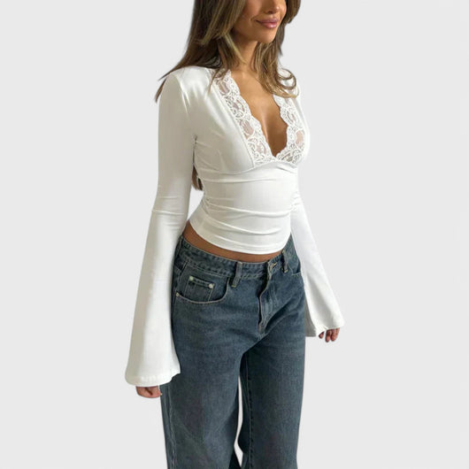 Long sleeve top with lace details and flared sleeves