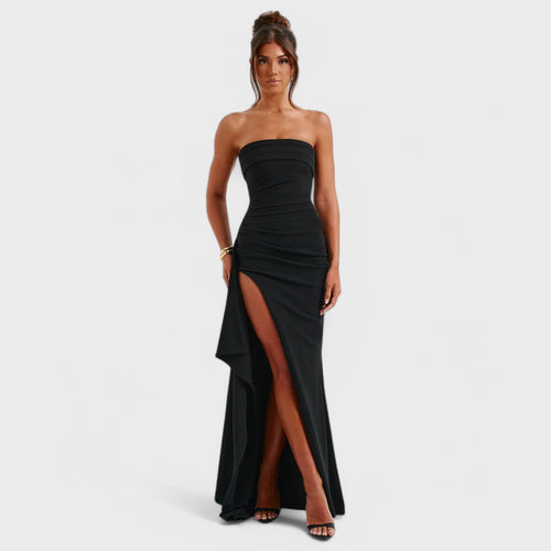 Long strapless dress with draping and high slit