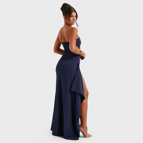 Long strapless dress with draping and high slit