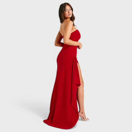 Long strapless dress with draping and high slit